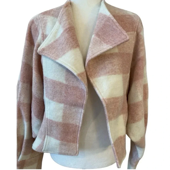 Anthropologie Ett:Twa Pink Buffalo Check Thick Open Shacket Coatigan Size Small - Picture 2 of 9